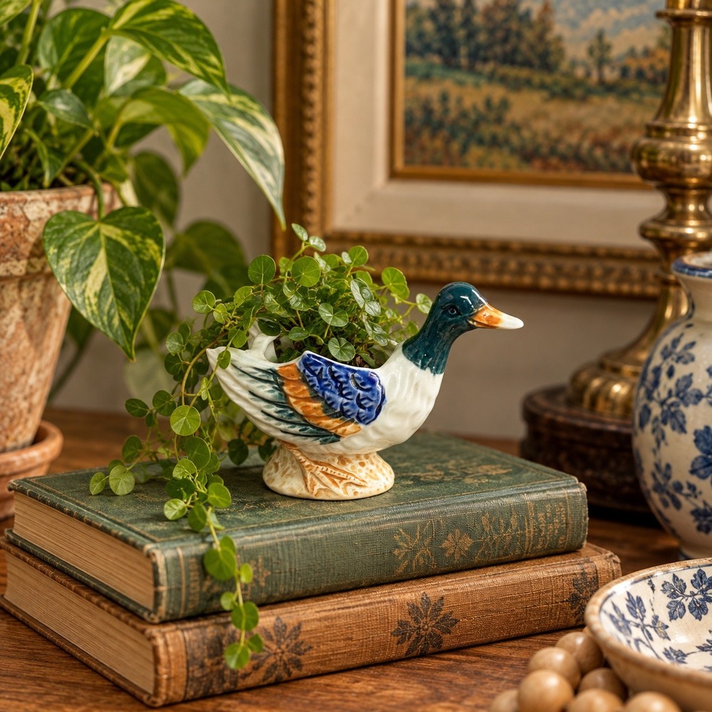 Vintage Japan Mallard Duck Ceramic Mini Planter Toothpick Holder H6523 Multi